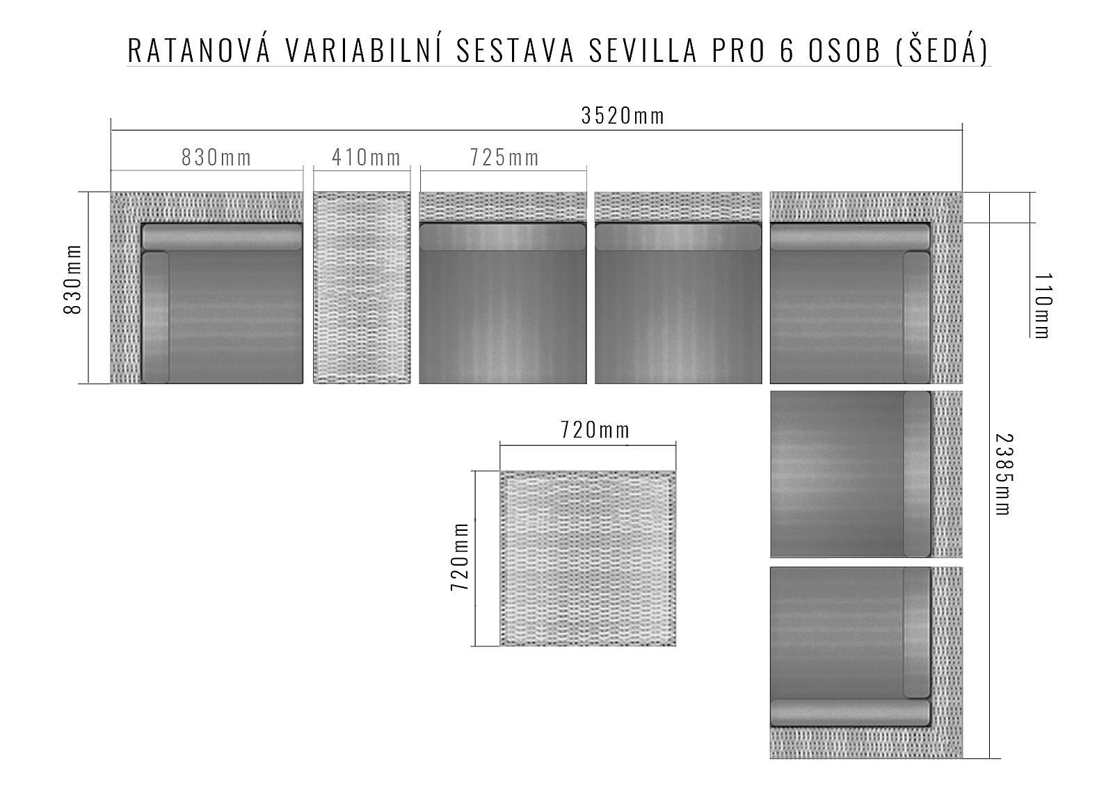 DEOKORK Ratanová variabilná zostava SEVILLA pre 6 osôb (sivá)