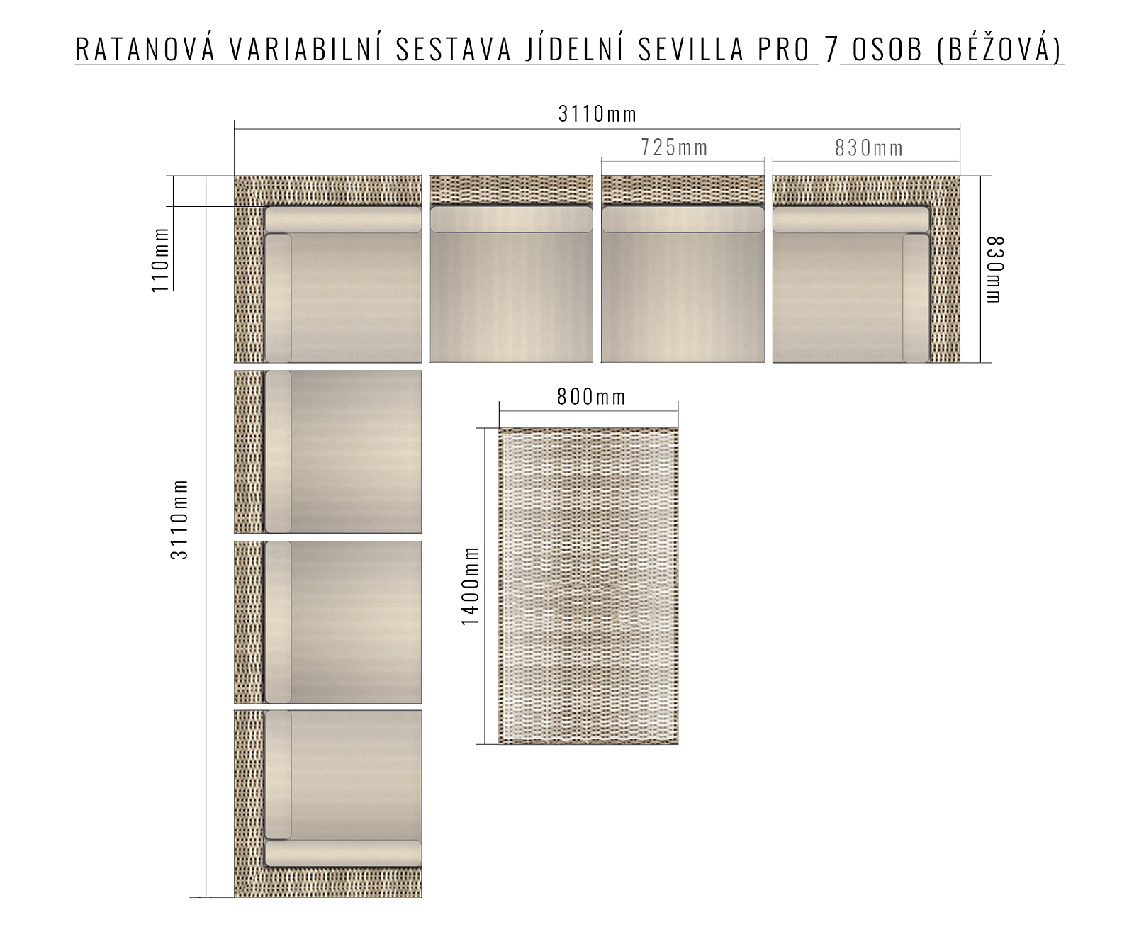 Deokork Ratanová variabilná zostava SEVILLA pre 7 osôb (béžová)